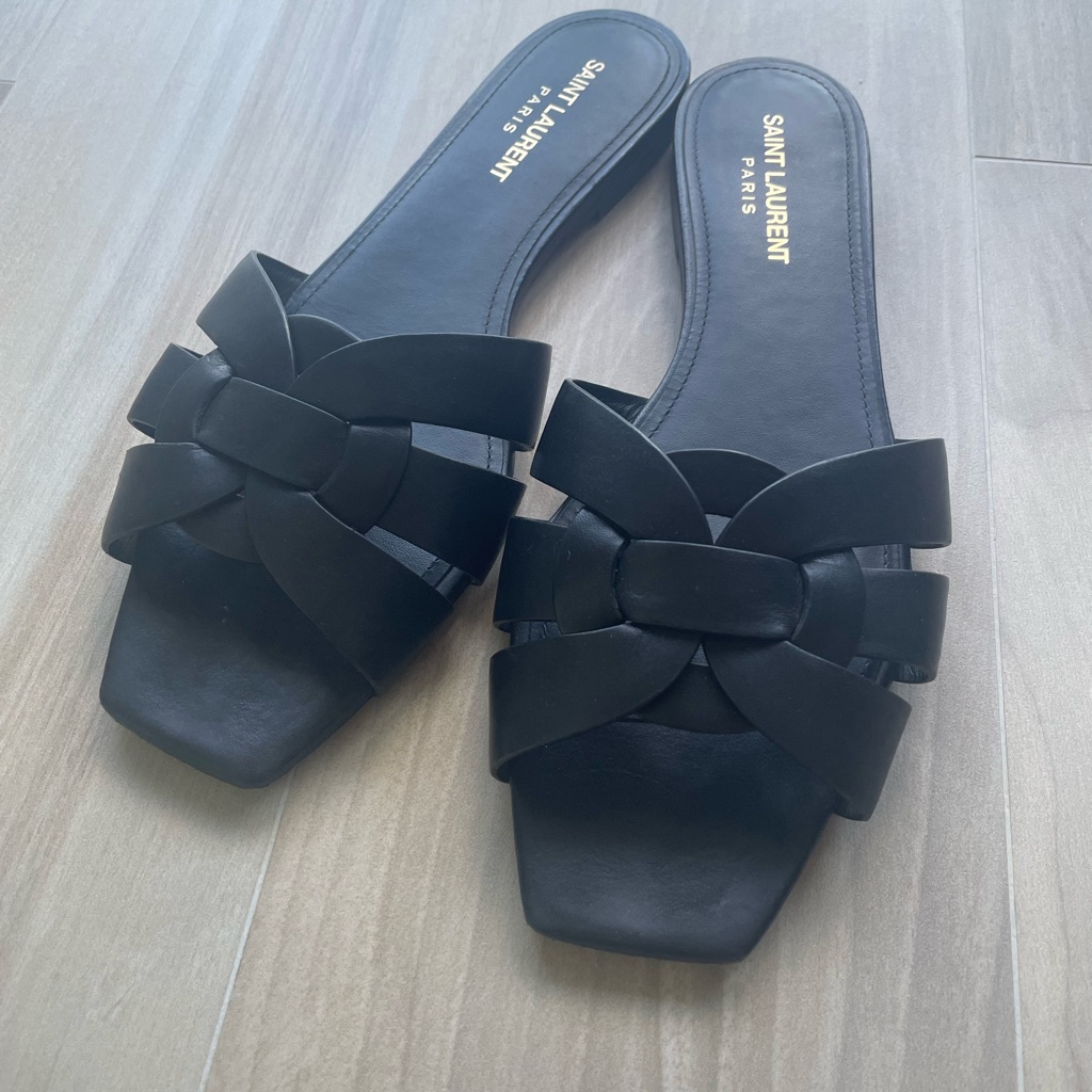Saint Laurent Tribute Flat Slides Black Leather Woven Sandals Italy Luxury Sz 39
